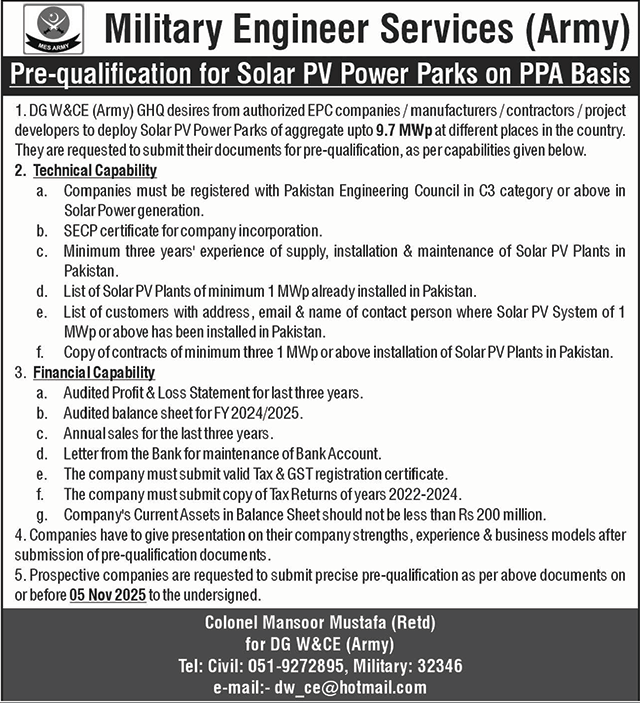 Military Engineer Service Tender Notice
